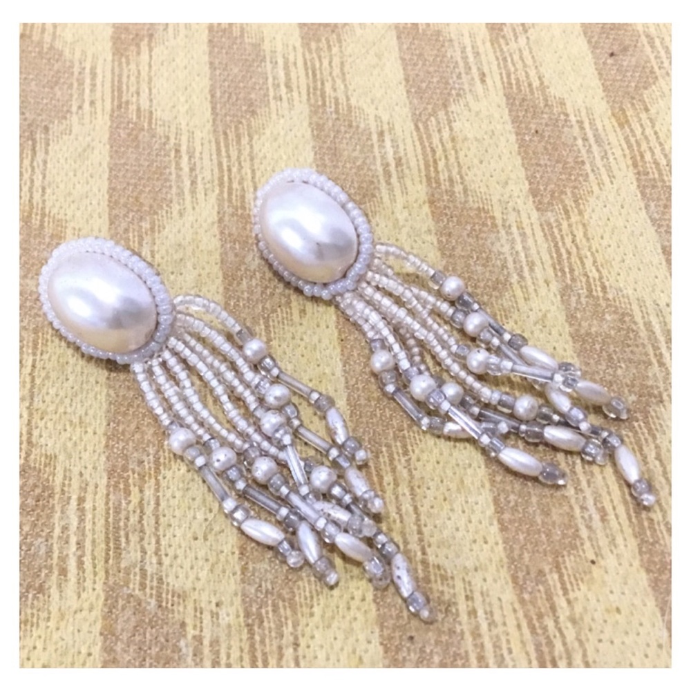 Antique Handmade White Faux Pearl Seed Bead Studded Earrings